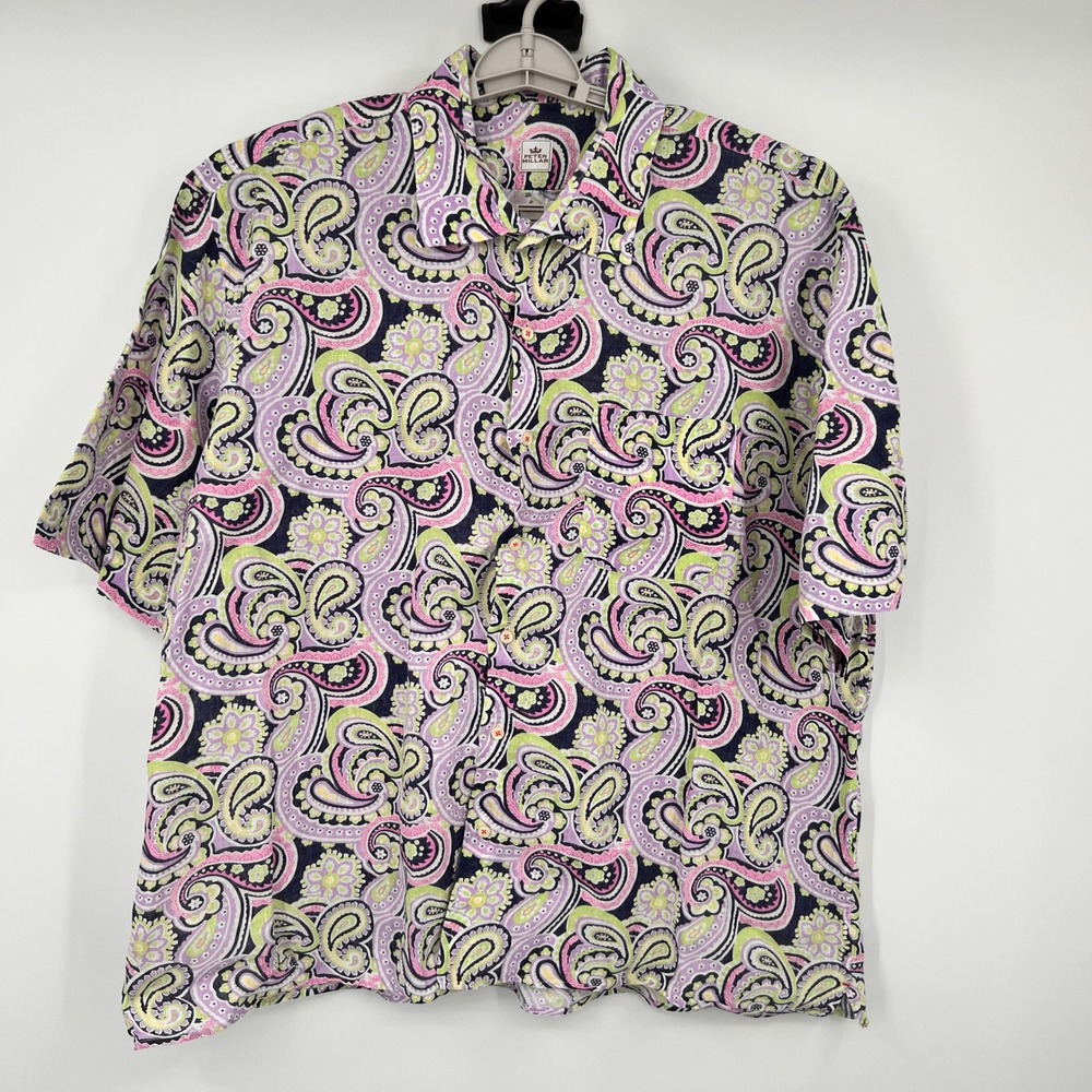 Peter Millar Mens XXL 100% Linen Paisley Button Down Shirt Pink Navy Golf Beach